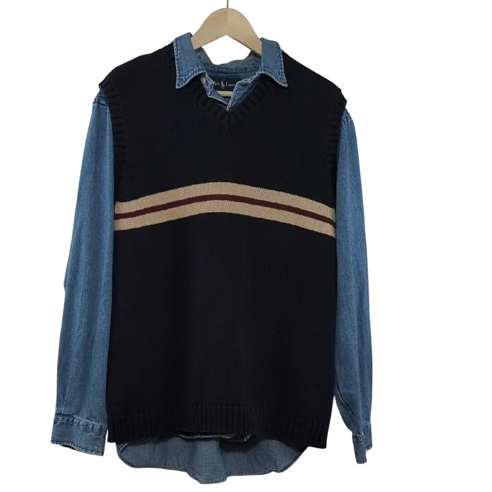Vintage 90s J. Crew Sweater Vest Navy Blue‎ Cream Red Stripe Cotton Preppy Large